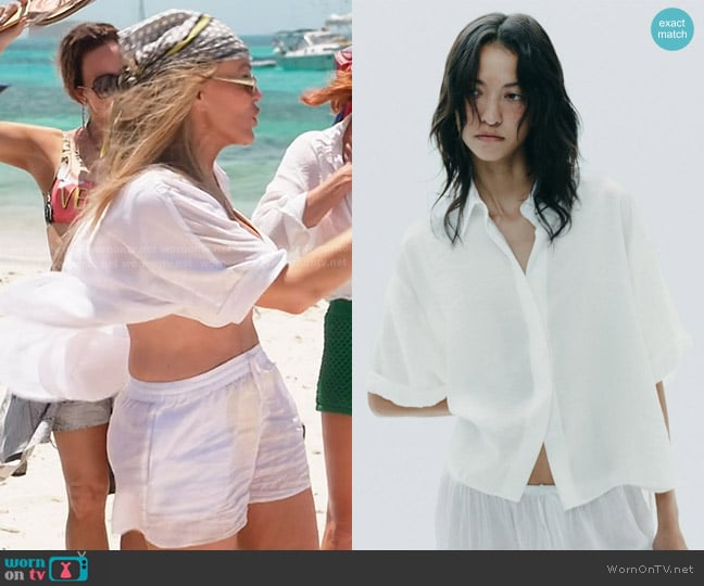 Zara Flowy Short Sleeve Shirt in Ecru worn by Heather Gay on The Real Housewives of Salt Lake City