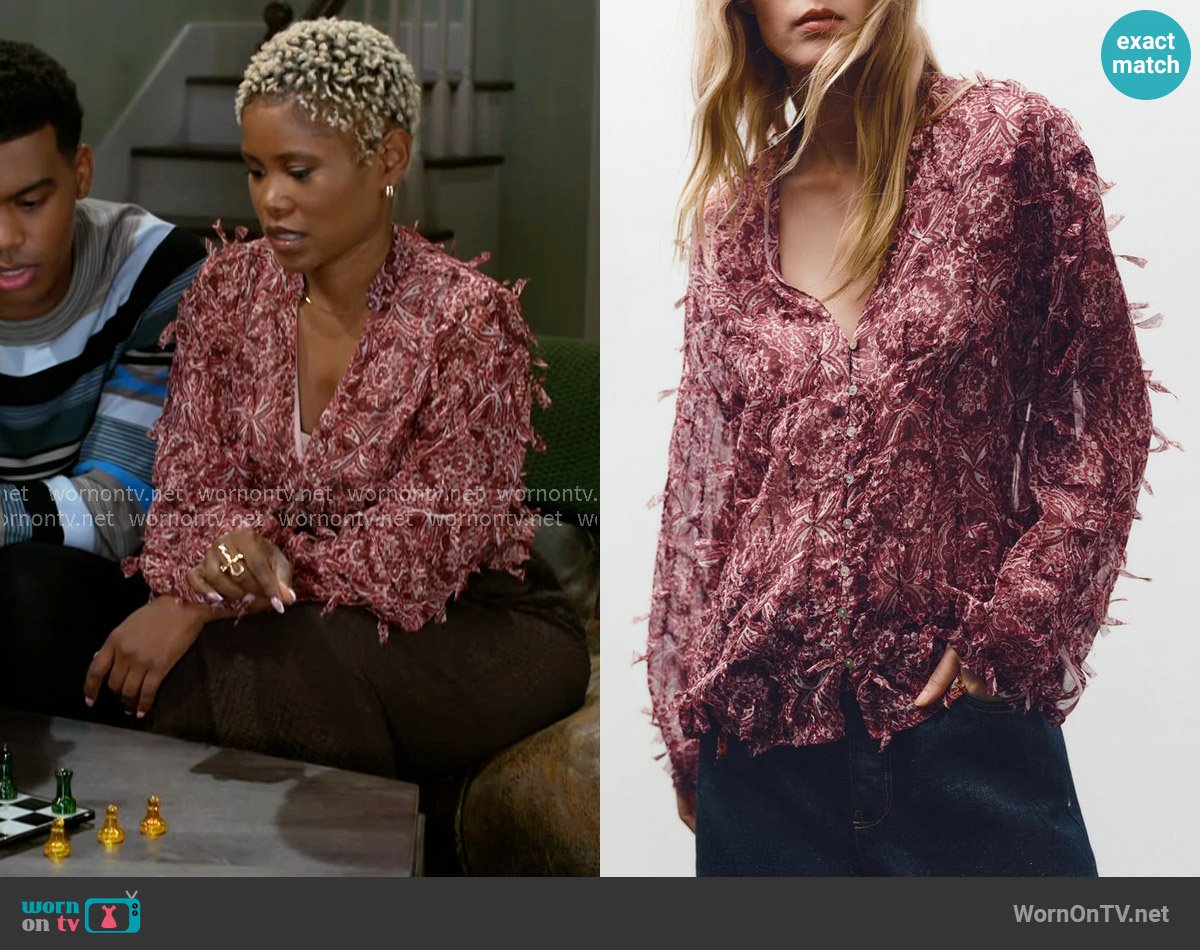 Zara Fringed Textured Button-Up Shirt worn by June (Jasmine Burke) on Beyond the Gates