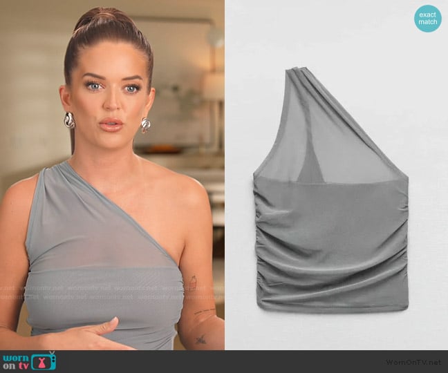Zara Gray One-Shoulder Mesh Top worn by Salley Carson on Southern Charm