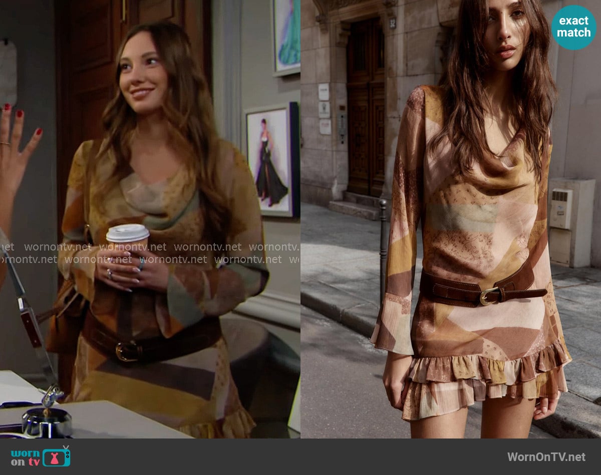 Zara Patchwork Print Belted Mini Dress worn by Dylan (Sydney Bullock) on The Bold and the Beautiful
