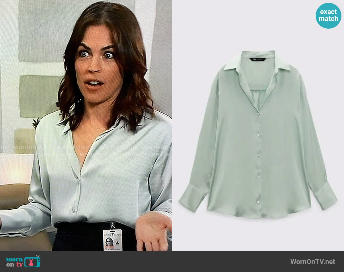 Zara Satin Effect Shirt in Light Green worn by Britt Westbourne (Kelly Thiebaud) on General Hospital