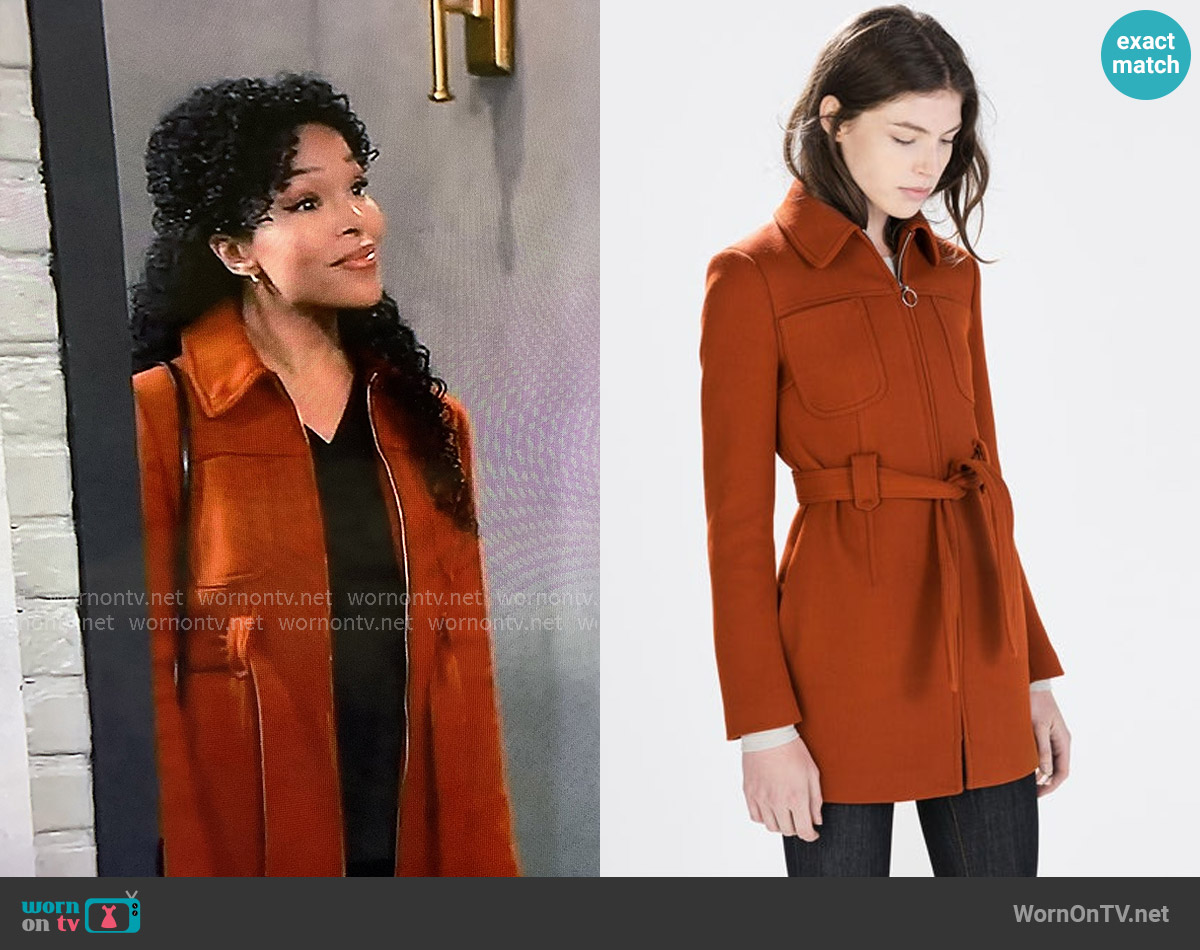 Zara Short Belted Coat worn by Portia Robinson (Brook Kerr) on General Hospital