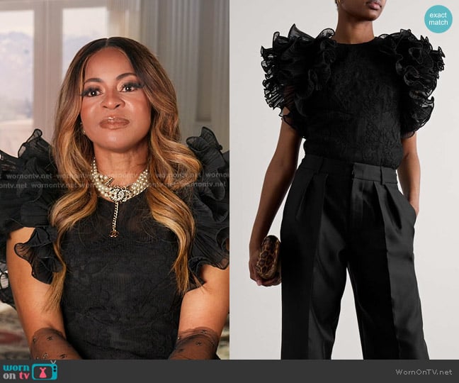 Zimmermann Crush Ruffled Plissé-tulle and Corded Lace Top worn by Mary Cosby on The Real Housewives of Salt Lake City