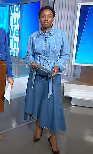 Zinhle’s tie waist denim jacket and asymmetric skirt on NBC News Daily