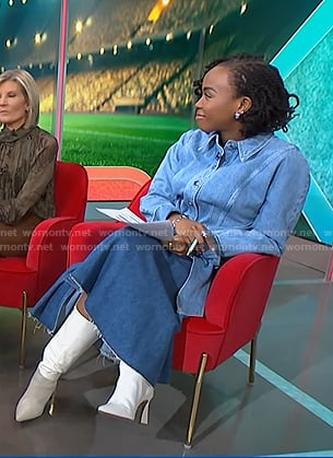 Zinhle's tie waist denim jacket and asymmetric skirt on NBC News Daily