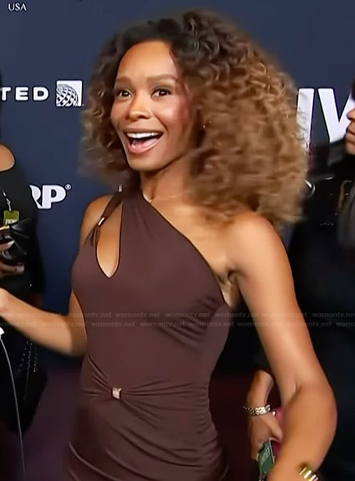 Zuri's brown one shoulder cutout dress on Access Hollywood