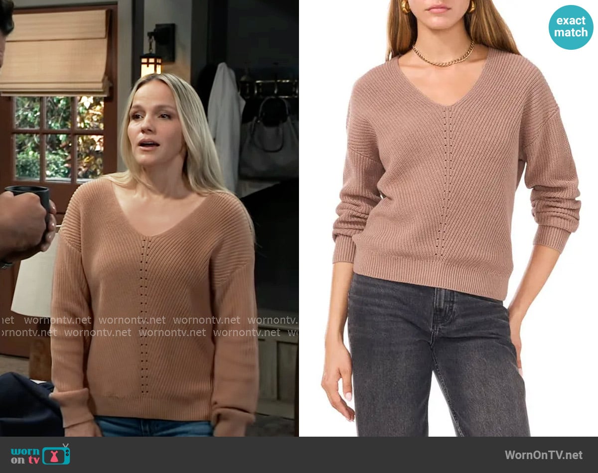 1.State Diagonal Rib V-Neck Sweater in Taupe worn by Lulu Spencer (Alexa Havins Bruening) on General Hospital