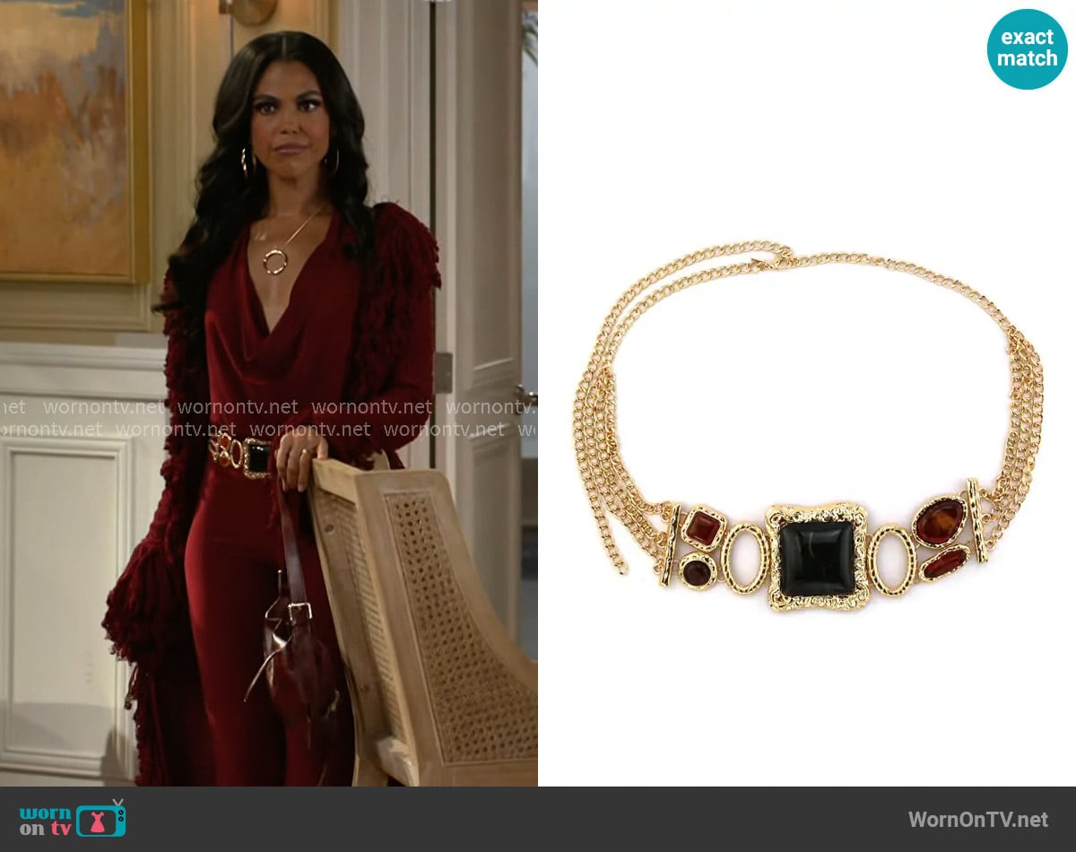 12th Tribe Soleil Statement Stone Gold Chain Belt worn by Dani Dupree (Karla Mosley) on Beyond the Gates