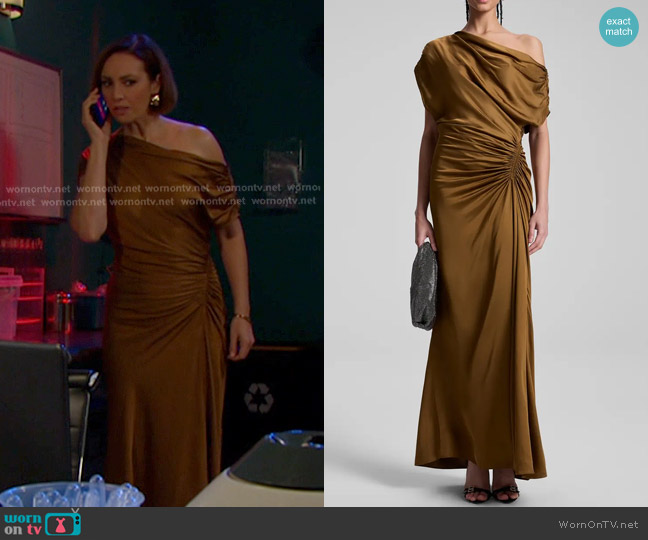 A.L.C. Penny Ruched One-Shoulder Satin Gown worn by Gwen Rizczech (Emily O'Brien) on Days of our Lives