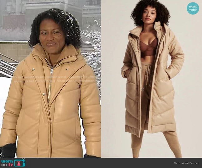 Abercrombie & Fitch Long Leather Puffer Coat in Tan worn by Janai Norman on Good Morning America