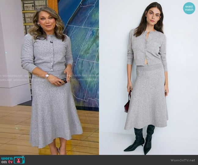 Adam Lippes Brushed Knit Cardigan With Sparkle Buttons and Skirt worn by Ginger Zee on Good Morning America