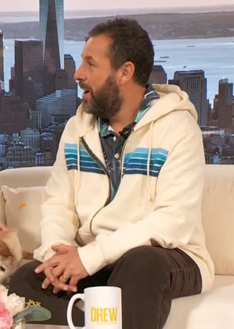 Adam Sandler’s white stripe hoodie on The Drew Barrymore Show