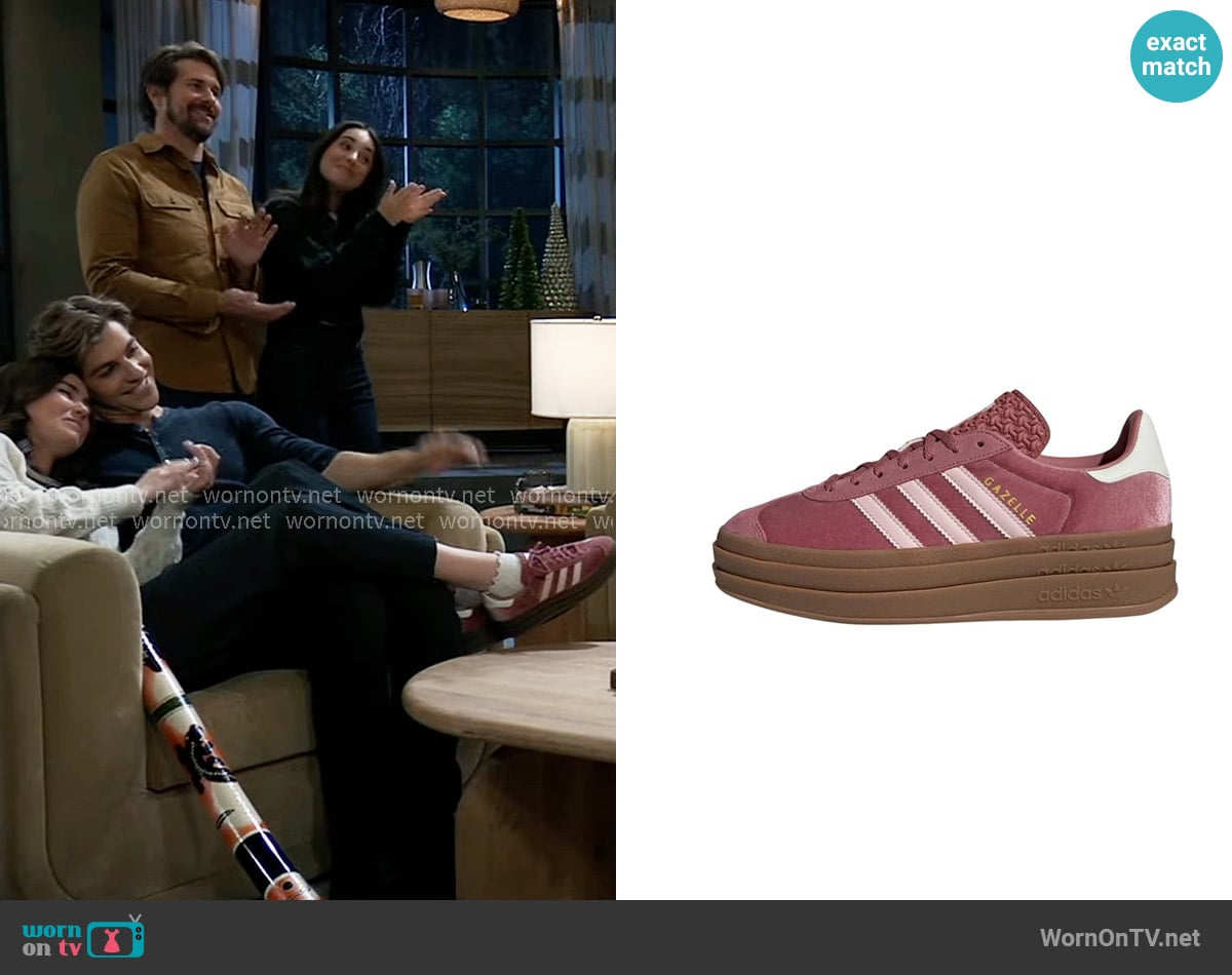 Adidas Gazelle Shoes in Preloved Crimson/Sandy Pink/Off White worn by Emma Scorpio-Drake (Braedyn Bruner) on General Hospital
