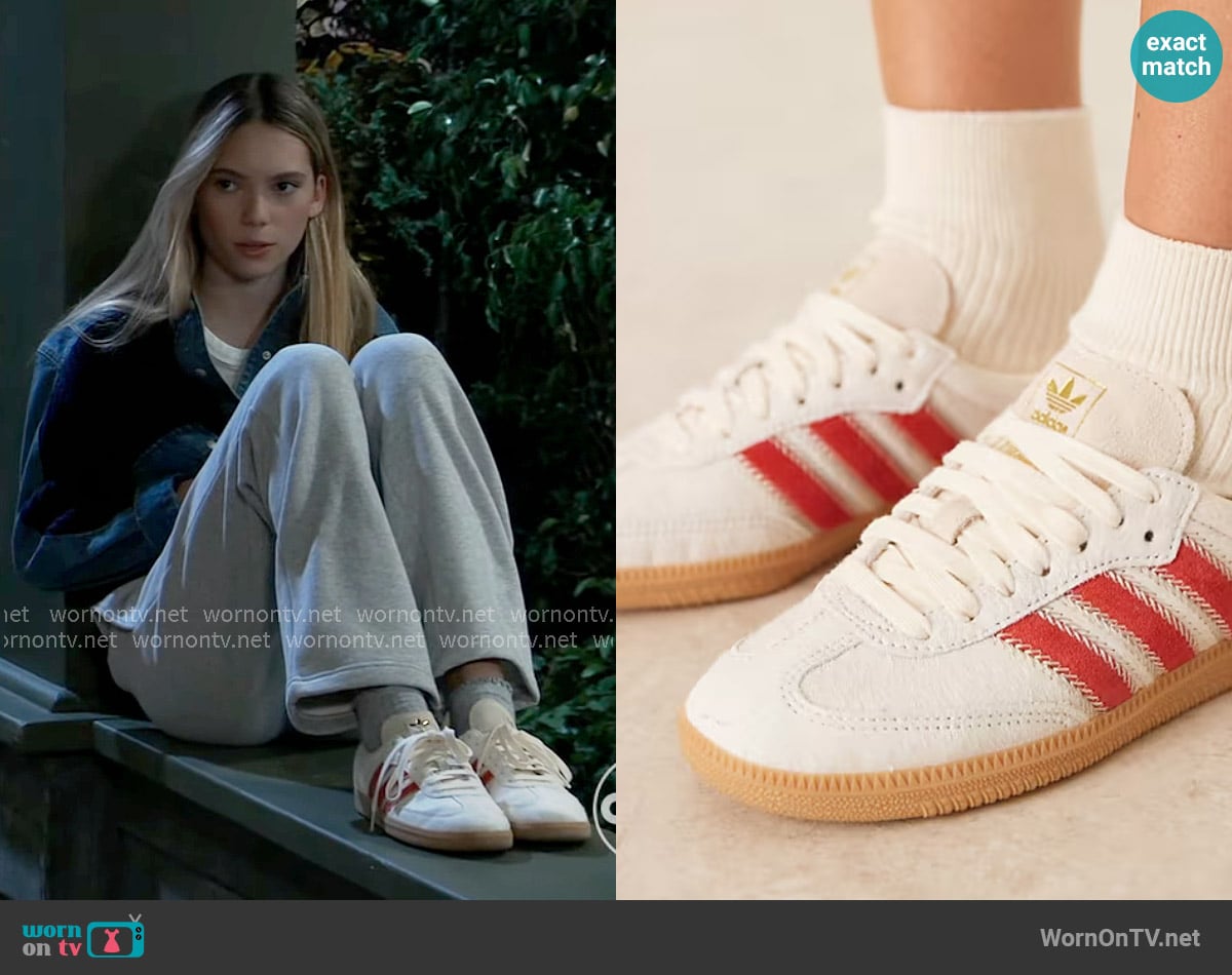 Adidas Samba OG sneakers in cream and red worn by Charlotte Cassadine (Bluesy Burke) on General Hospital