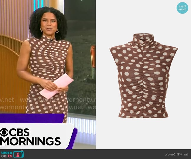 AFRM Jolie Turtleneck Ruched Top in Chocolate Halo Dot worn by Adriana Diaz on CBS Mornings
