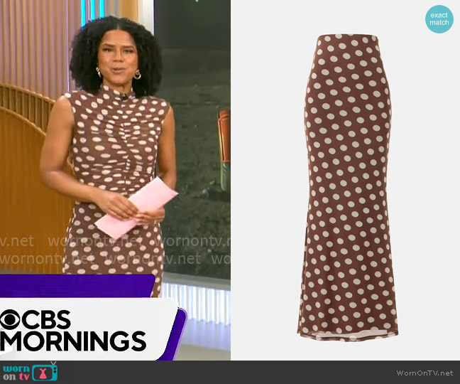 AFRM Tegan Maxi Skirt in Chocolate Halo Dot worn by Adriana Diaz on CBS Mornings