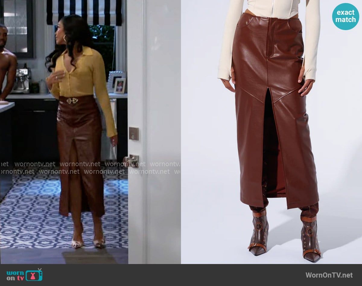 Akira Earned It Faux Leather Maxi Skirt worn by Dani Dupree (Karla Mosley) on Beyond the Gates