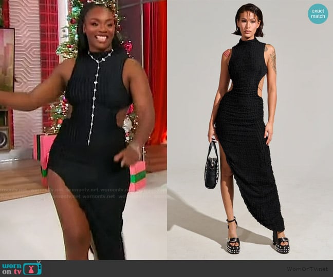 Claressa’s black cutout textured dress on Sherri Claressa’s black cutout textured dress on Sherri