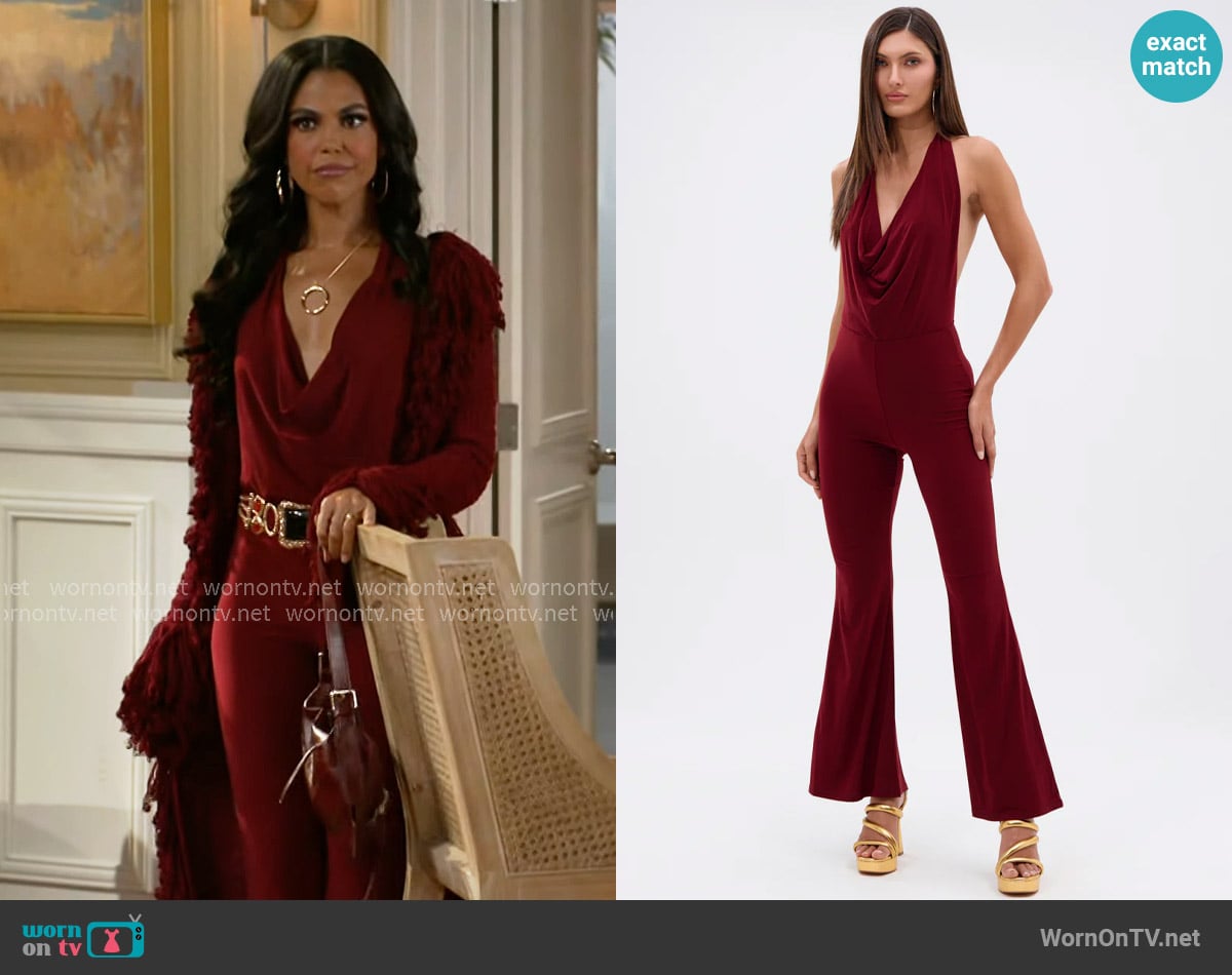 Dani’s burgundy cowl neck jumpsuit on Beyond the Gates
