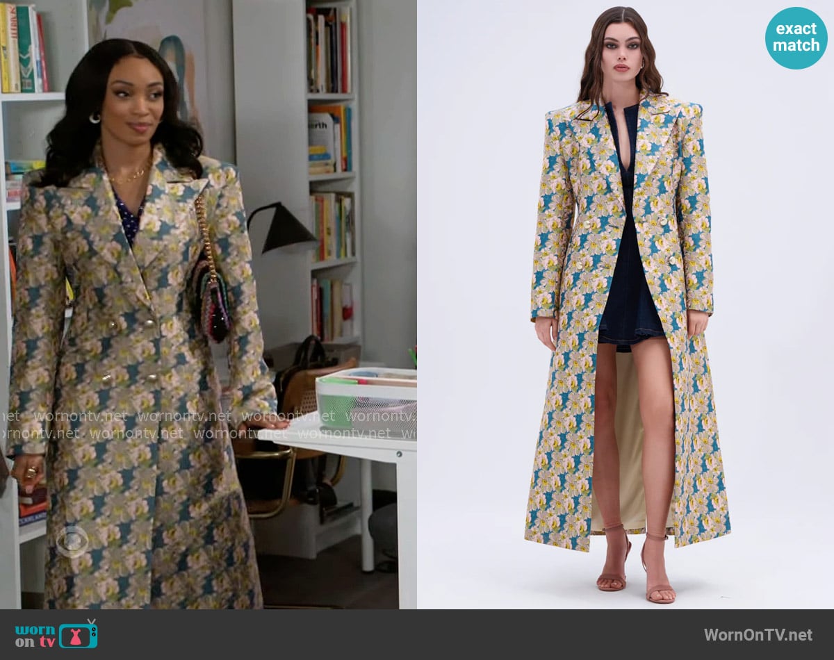 Akira Scarlett Luxe Trench in Brocade worn by Madison Montgomery (Kenjah) on Beyond the Gates