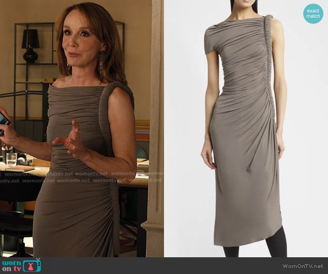 Alaia Asymmetric Ruched Off-Shoulder Midi Dress worn by Sylvie (Philippine Leroy-Beaulieu) on Emily in Paris