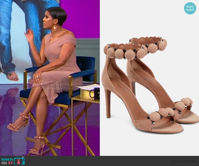 Alaia La Bombe 90 suede sandals worn by Tamron Hall on Tamron Hall Show