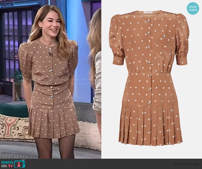 Alessandra Rich Pleated polka-dot silk minidress worn by Michelle Monaghan on The Kelly Clarkson Show