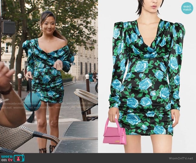 Alessandra Rich Rose-print Mini Dress worn by Mindy Chen (Ashley Park) on Emily in Paris