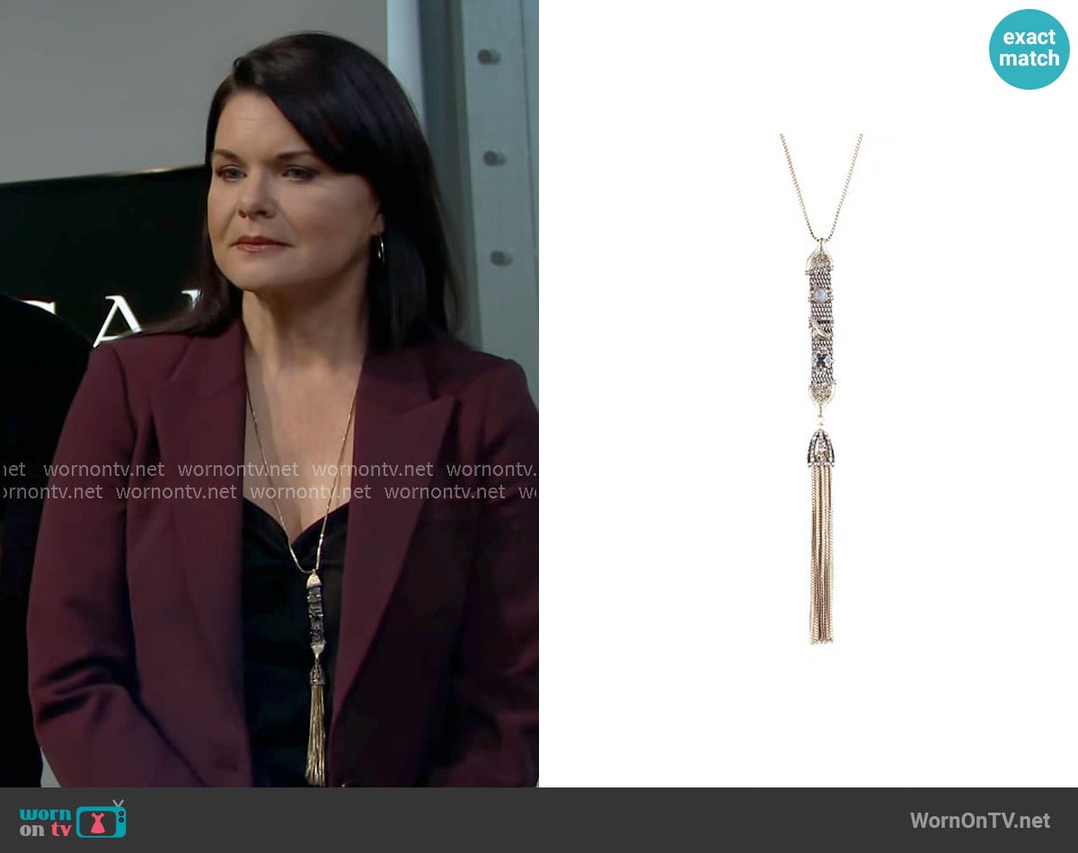 Alexis Bittar Stone Studded Chain Mesh Tassel Pendant Necklace worn by Katie Logan (Heather Tom) on The Bold and the Beautiful