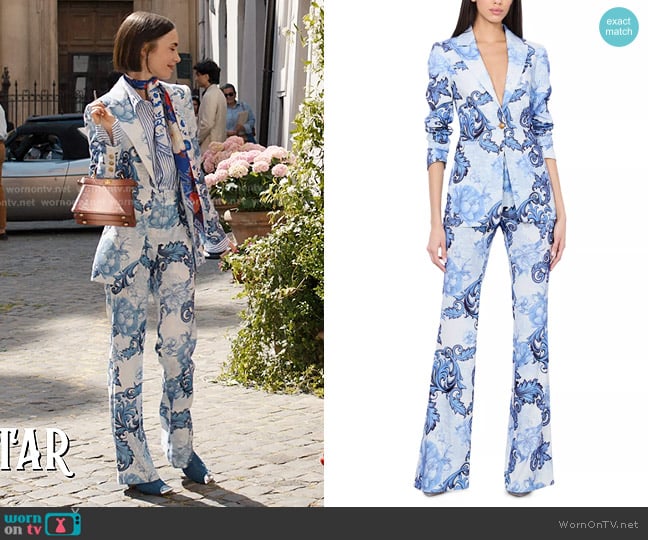 Alice + Olivia Breann Floral Peak Lapel Blazer and Pants worn by Emily Cooper (Lily Collins) on Emily in Paris