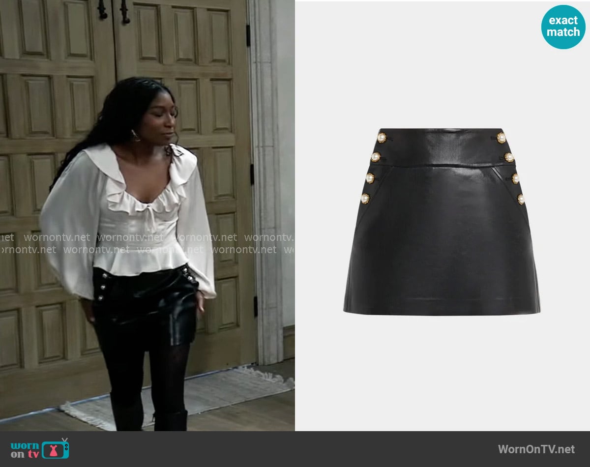 Alice + Olivia Donald Button Trim Faux Leather Miniskirt worn by Trina Robinson (Tabyana Ali) on General Hospital