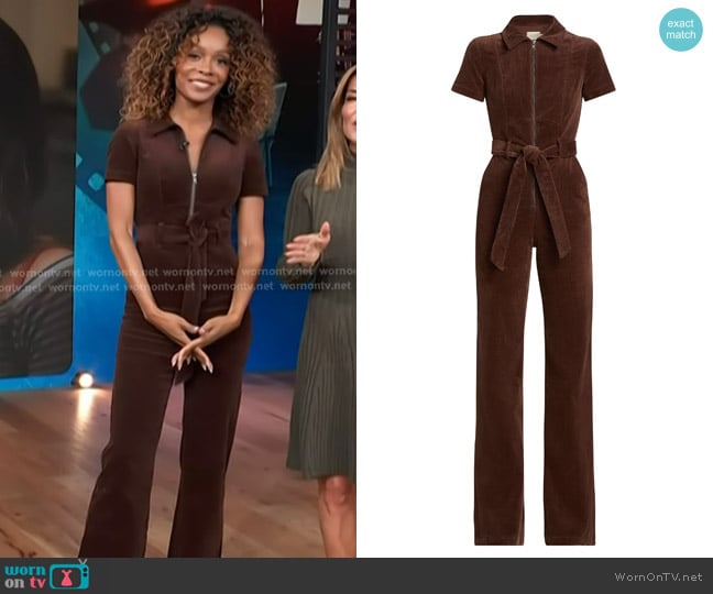 Zuri’s brown corduroy jumpsuit on Access Hollywood Zuri’s brown corduroy jumpsuit on Access Hollywood
