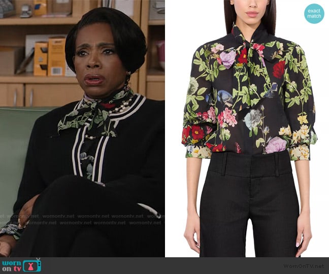 Alice + Olivia Lloyd Floral Slit-Sleeve Blouse worn by Barbara Howard (Sheryl Lee Ralph) on Abbott Elementary