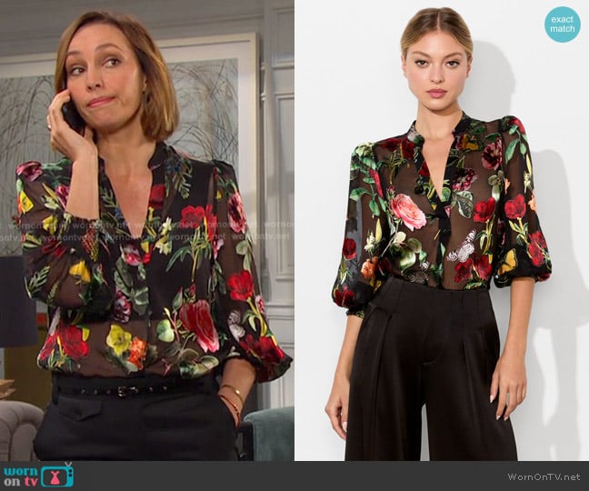 Alice + Olivia Sheila Top in the wind floral worn by Gwen Rizczech (Emily O'Brien) on Days of our Lives