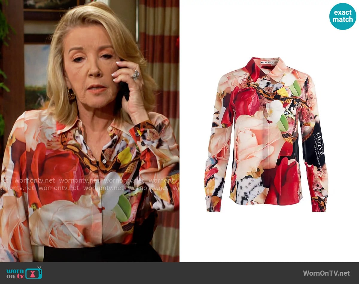 Alice + Olivia Willa Shirt in Thrive worn by Nikki Reed Newman (Melody Thomas-Scott) on The Young and the Restless