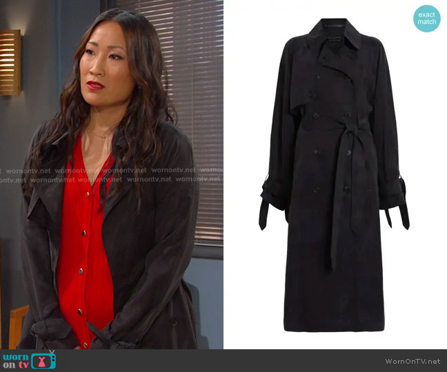 All Saints Kikki Trench Coat worn by Melinda Trask (Tina Huang) on Days of our Lives