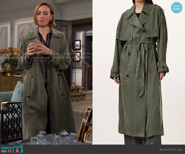 All Saints Linnie Trench Coat in Grape Leaf Green worn by Gwen Rizczech (Emily O'Brien) on Days of our Lives