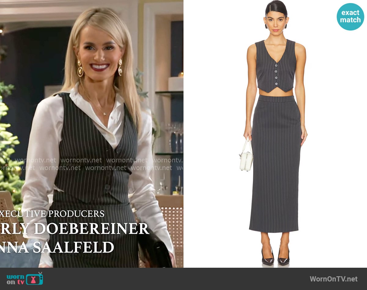 Vanessa’s pinstripe vest and skirt set on Beyond the Gates Vanessa’s pinstripe vest and skirt set on Beyond the Gates