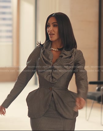 Allura’s grey pinstripe ruffle collar jacket on Alls Fair