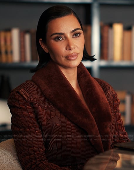 Allura's red textured blazer with fur collar on Alls Fair