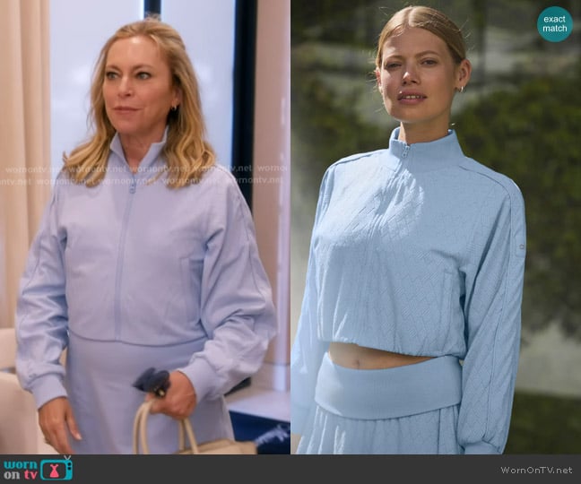 Alo Cropped Doubles Only Full Zip Jacket in Seashell Blue worn by Sutton Stracke on The Real Housewives of Beverly Hills
