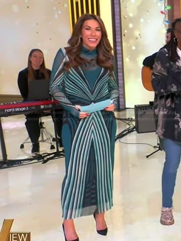 Alyssa’s blue printed mesh dress on The View