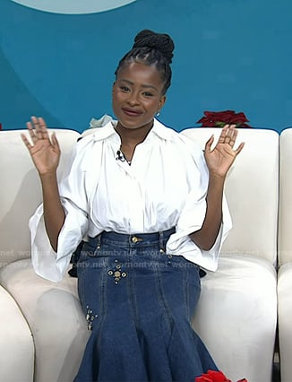 Amanda Gorman's white balloon sleeve blouse and denim skirt on Today