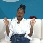 Amanda Gorman’s white balloon sleeve blouse and denim skirt on Today