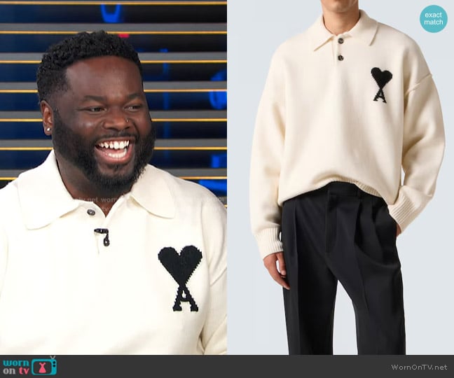 Ami Paris Ami de Coeur Virgin Wool Polo Sweater in white worn by EJ on Access Hollywood