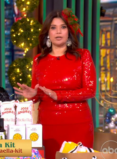 Ana’s red sequin top and skirt on The View