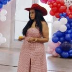 Angel’s red gingham check dress on The Real Housewives of Potomac