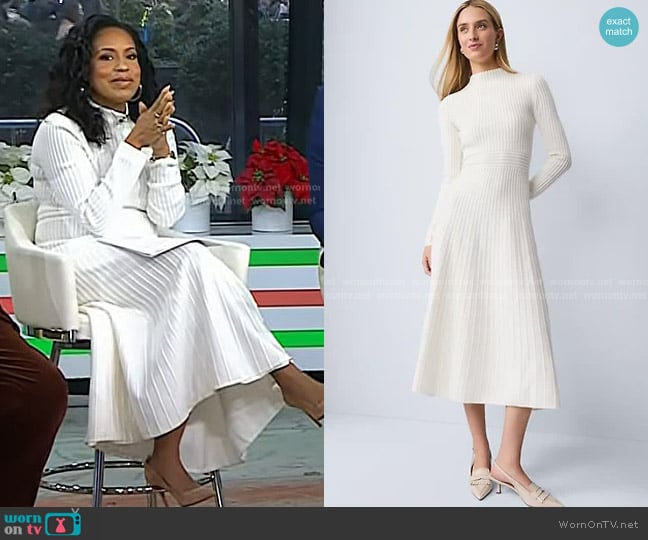 Ann Taylor Ribbed Mock Neck Sweater Dress in Winter White worn by Sheinelle Jones on Today