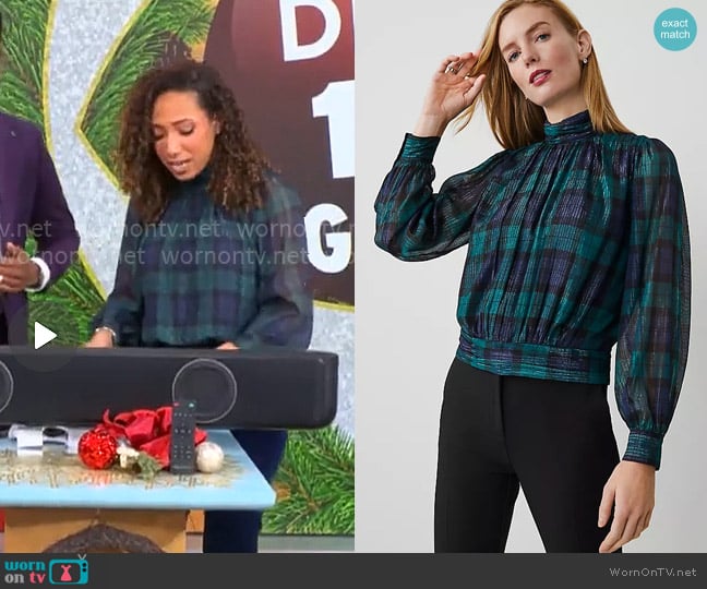Ann Taylor Tartan Shirred Mock Neck Popover worn by Gabrielle Kerr on CBS Mornings