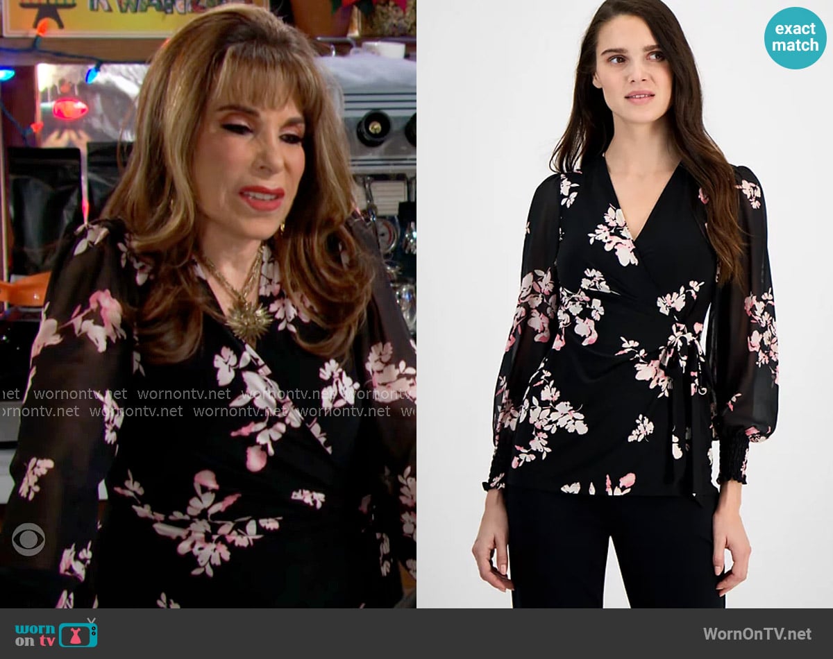 Anne Klein Floral-Print Smocked Wrap Top worn by Esther Valentine (Kate Linder) on The Young and the Restless
